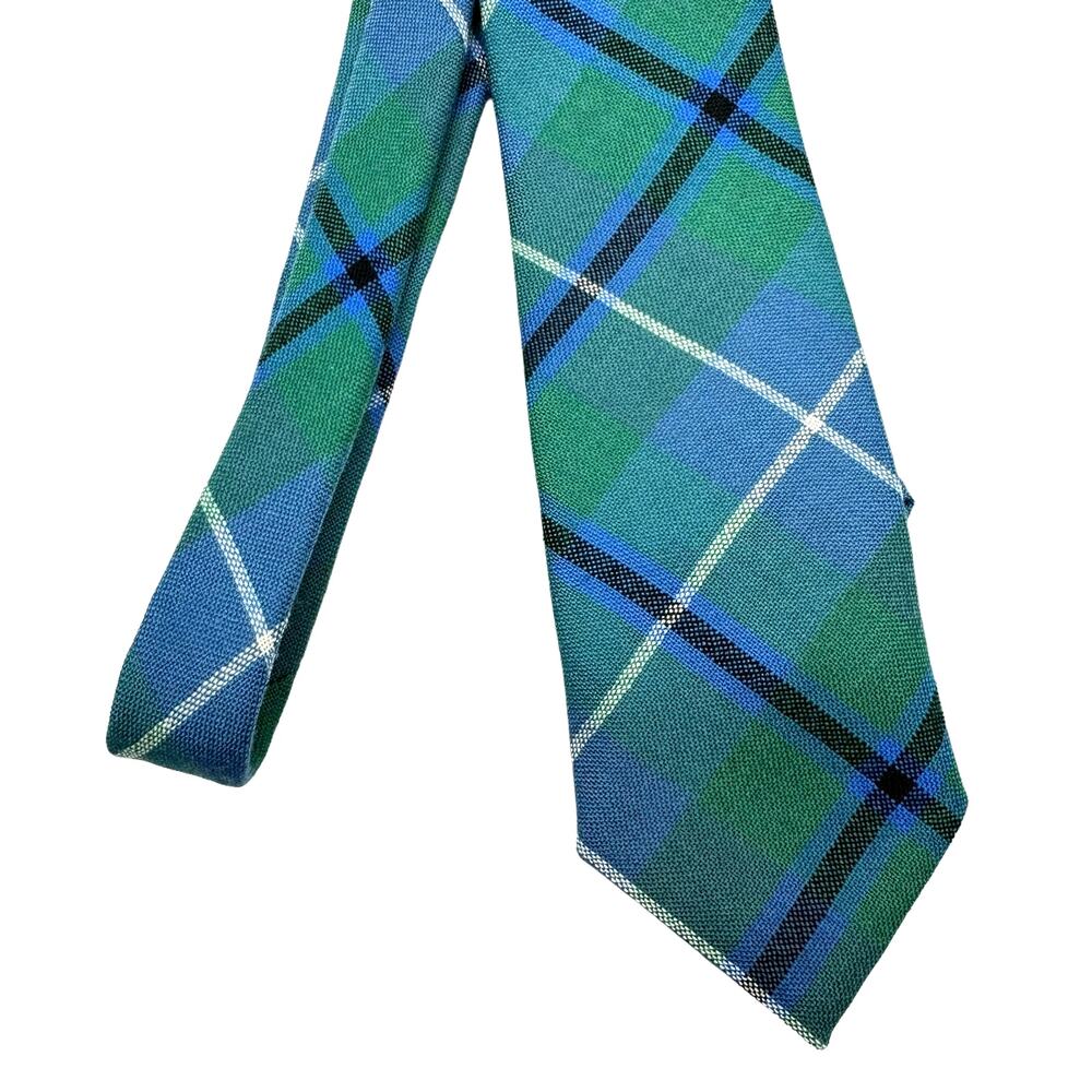 Ingles Buchan Vintage Scotland 100% Pure Wool Kelly Green Blue Tartan Plaid Tie